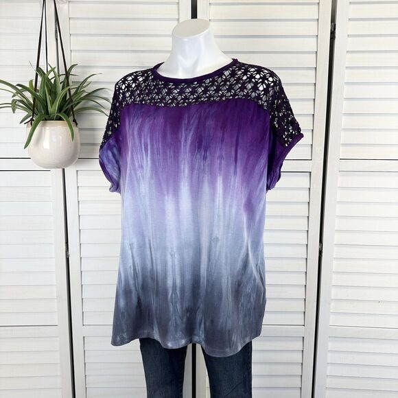 Art of Cloth XS Purple Blue Tie Dye Oversized Boxy Top Cap Sleeve Lagenlook Lace - Picture 1 of 8